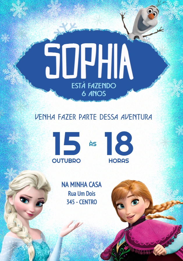 Convite Aniversário Frozen com Personagens para Editar Online