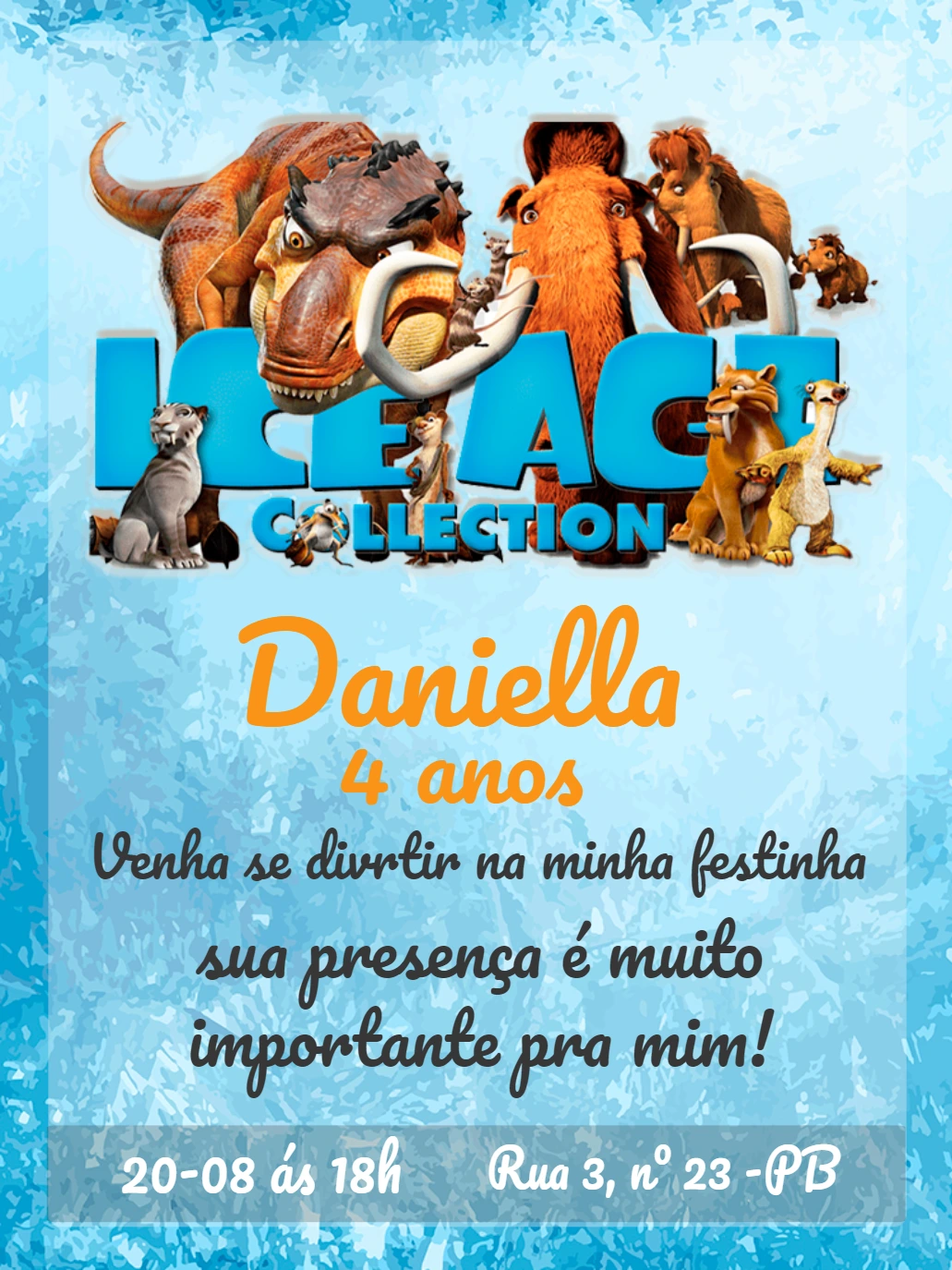 Convite Aniversário A Era do Gelo com Personagens para Editar