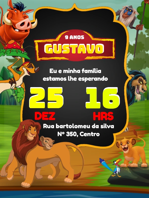 Convite Aniversário Rei Leão com Personagens para Editar Online
