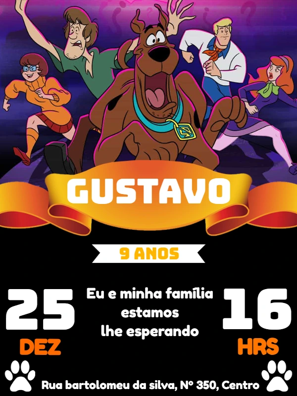 Convite de Aniversário Scooby Doo com a Turma para Editar Online