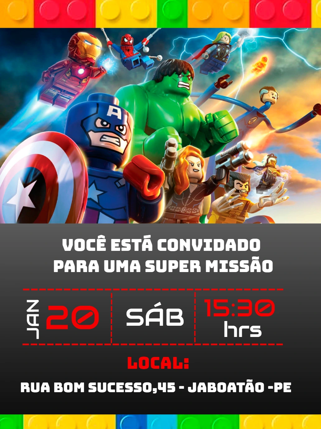 Convite Aniversário Lego Super Heróis para Editar Online