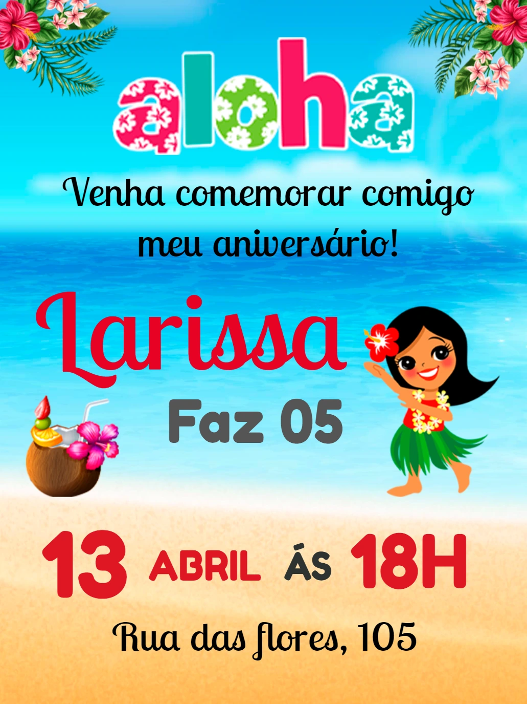 Convite Aniversário Havaiano Aloha para Editar Online