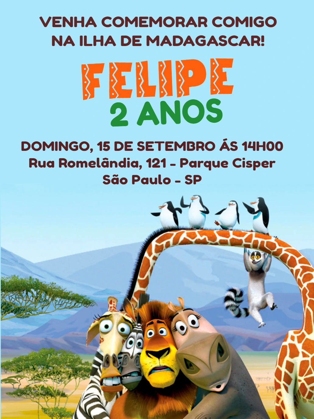 Convite Aniversário Madagascar com Personagens para Editar