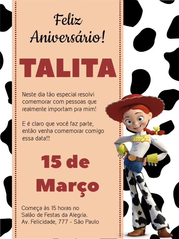 Convite de Aniversário Jessie Toy Story para Editar Online