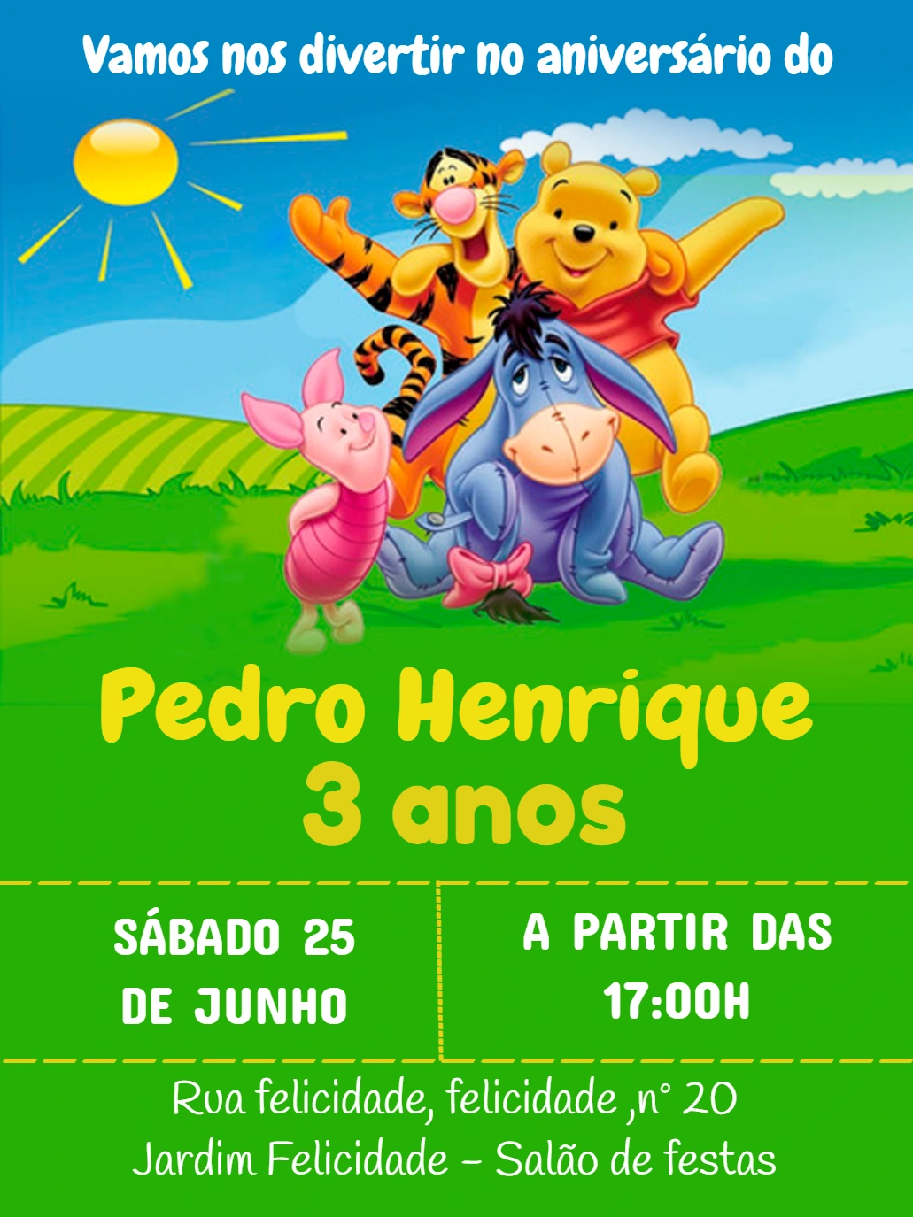 Convite de Aniversário Ursinho Pooh e Amigos para Editar Online
