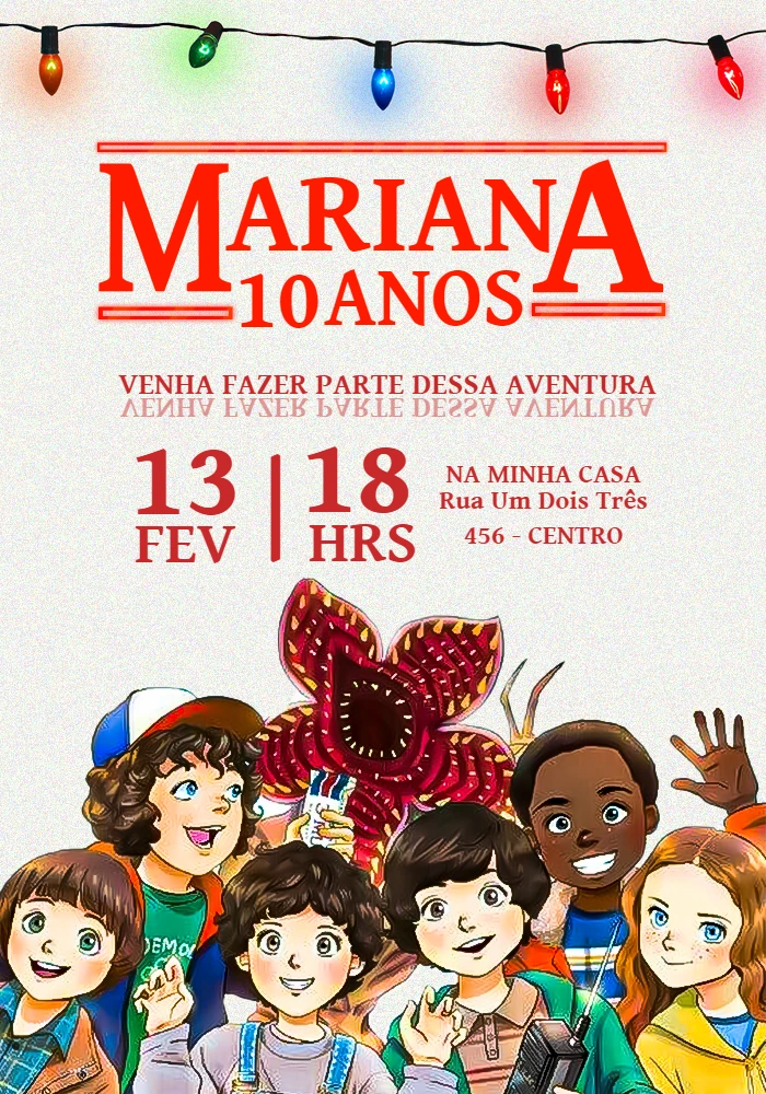 Convite de Aniversário Stranger Things com Personagens para Editar