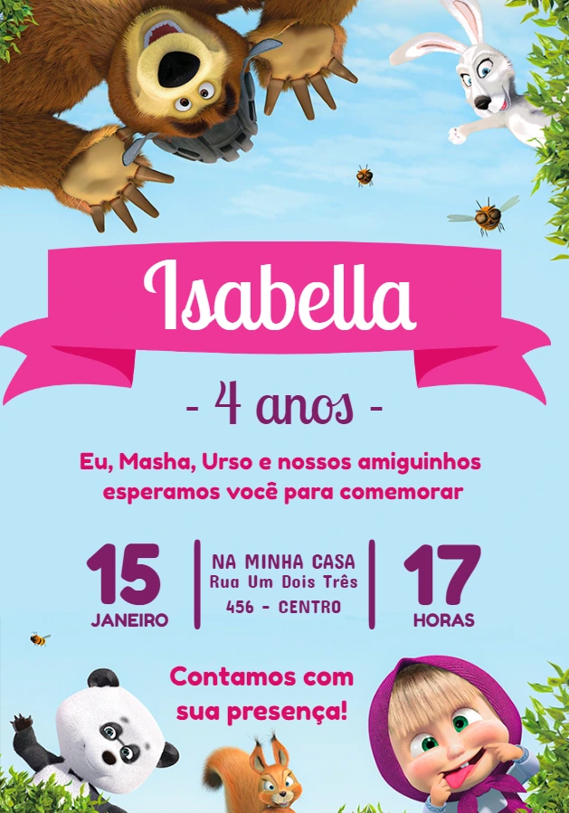 Convite Aniversário Masha e o Urso para Editar Online