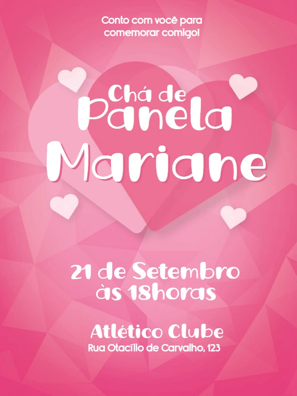 Convite Chá de Panela Corações Rosa para Editar Online