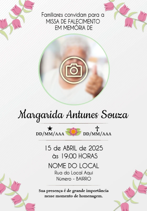Convite Missa de Falecimento Floral com Foto para Editar