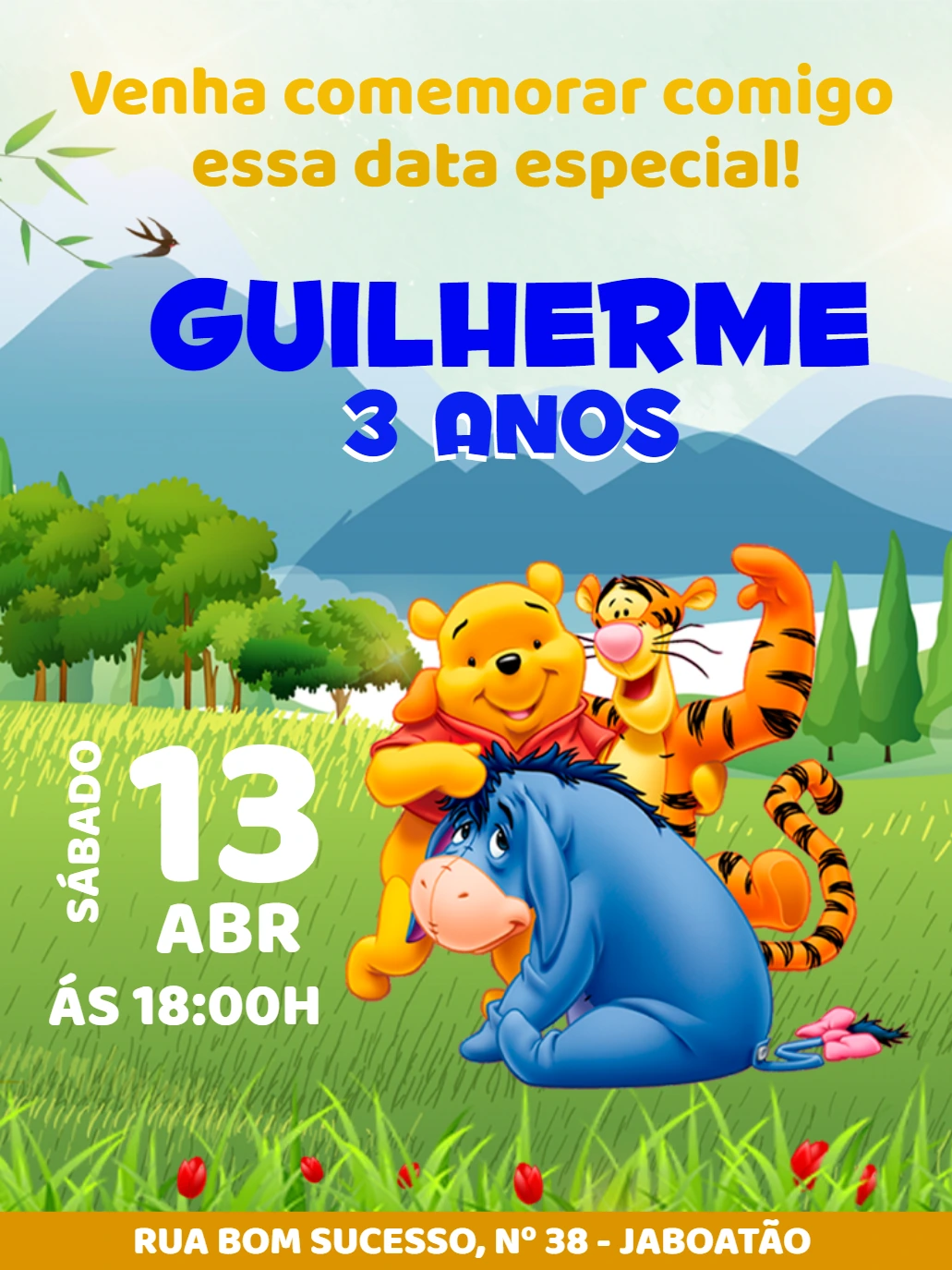 Convite de Aniversário Ursinho Pooh e Amigos para Editar