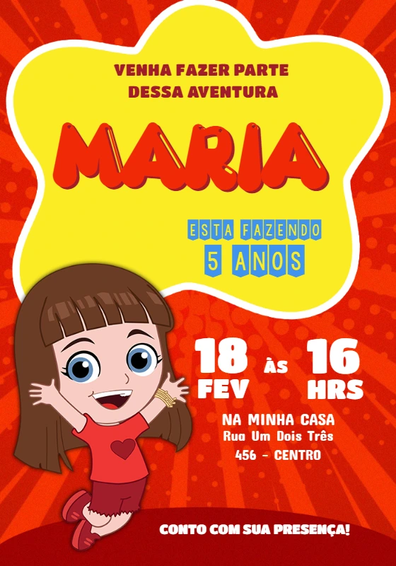 Convite Aniversário Aventureira Vermelha para Editar Online