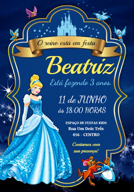 Convite de Aniversário Cinderela para Editar Online
