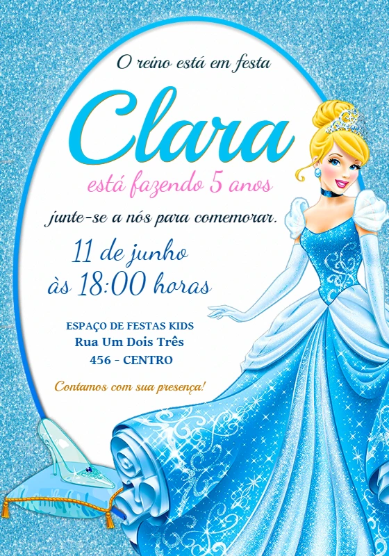 Convite de Aniversário Cinderela para Editar Online