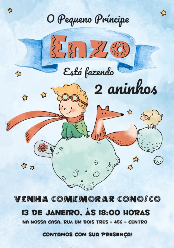 Convite Aniversário O Pequeno Príncipe Aquarela para Editar