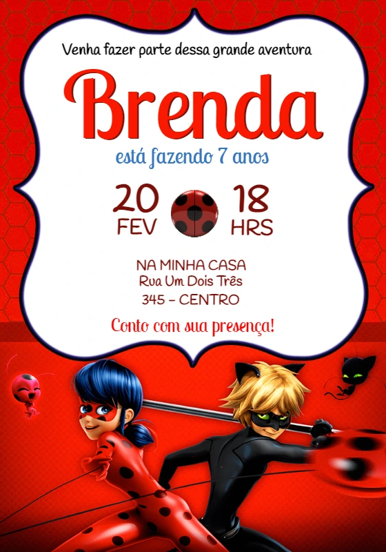 Convite de Aniversário Miraculous Ladybug Editável Online