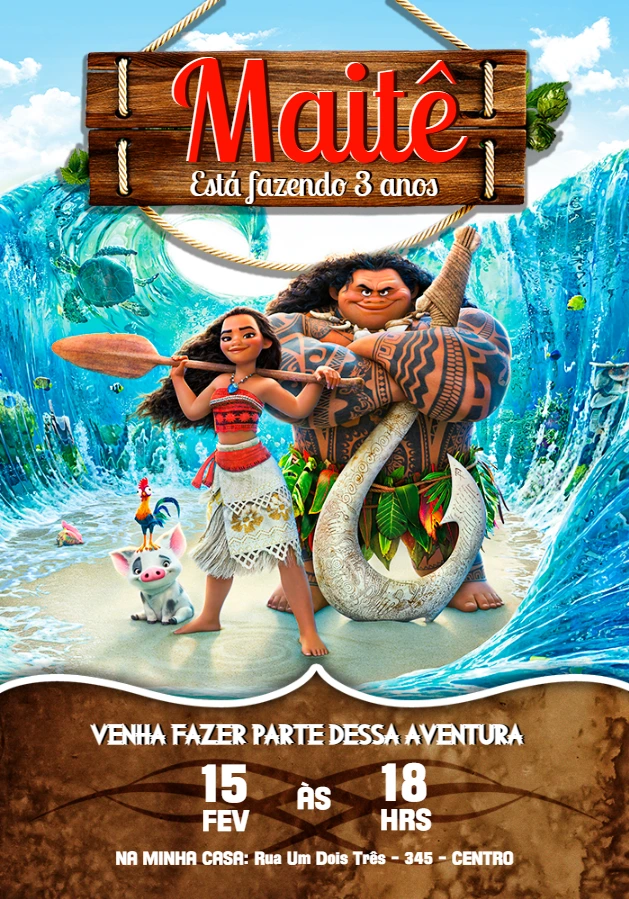 Convite de Aniversário Moana para Editar e Imprimir