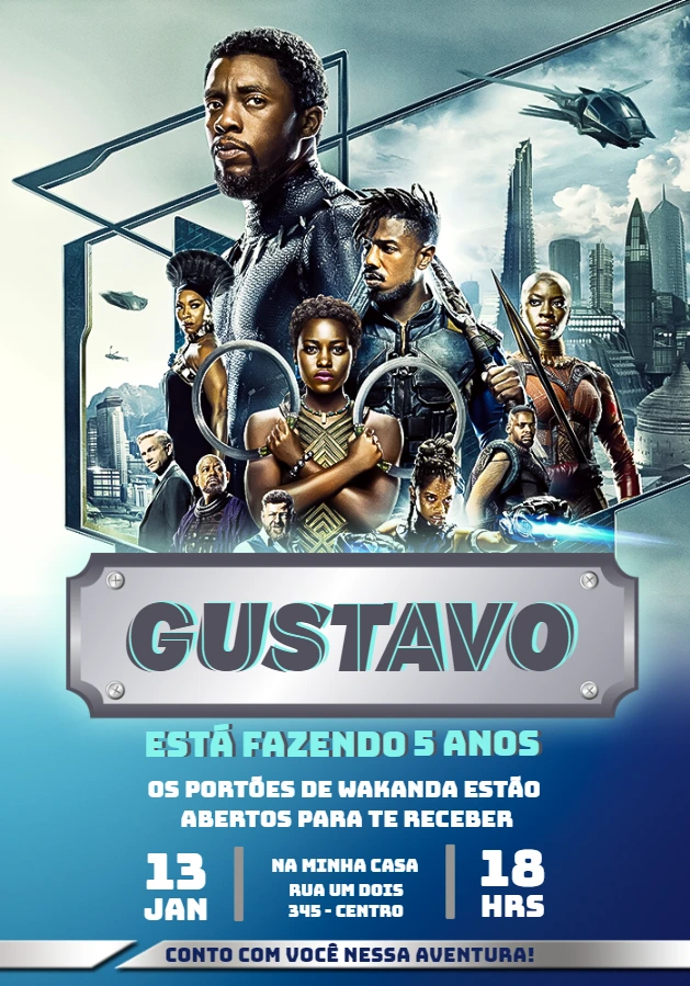 Convite Aniversário Pantera Negra Wakanda para Editar Online