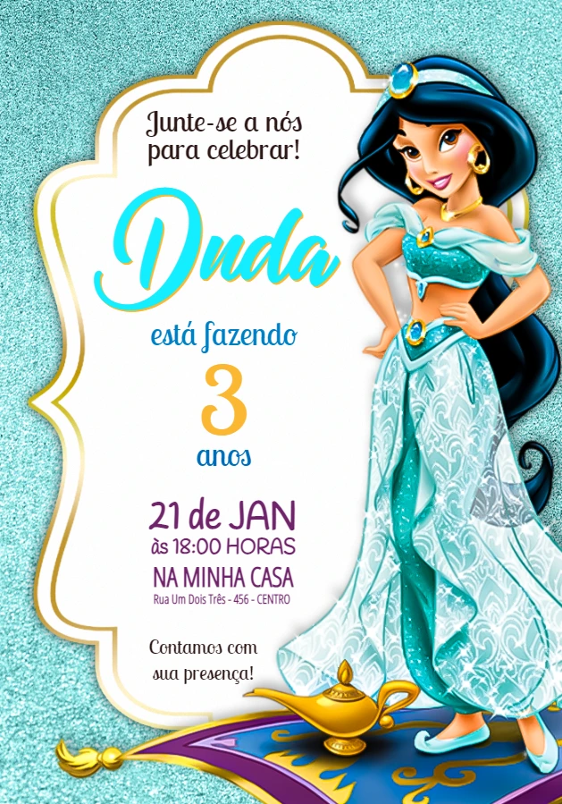 Convite Aniversário Princesa Jasmine para Editar Online