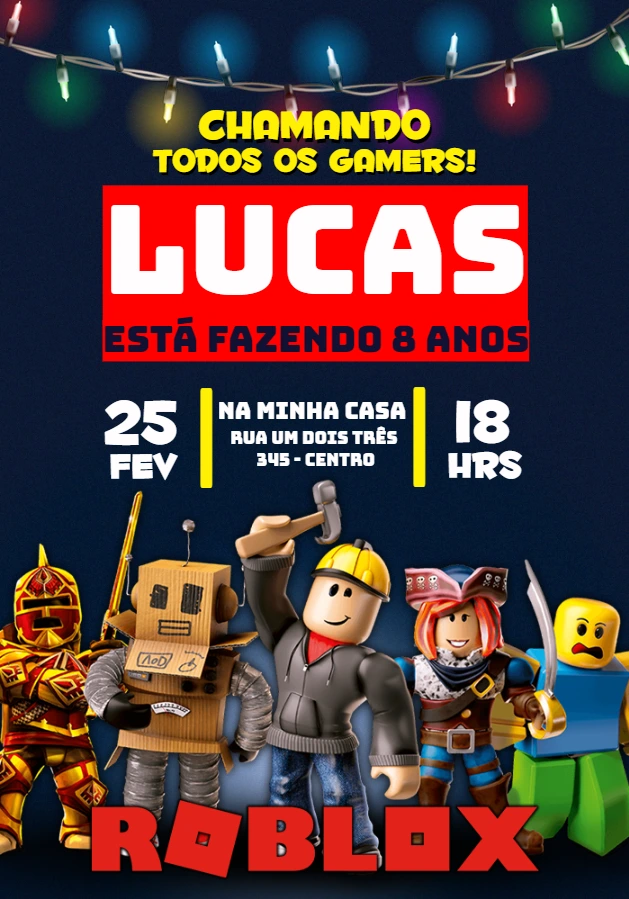 Convite de Aniversário Roblox com Personagens para Editar