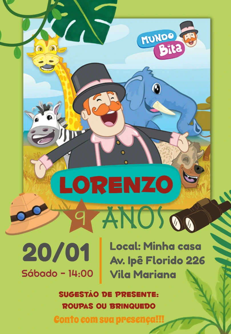 Convite Aniversário Mundo Bita Safari para Editar Online