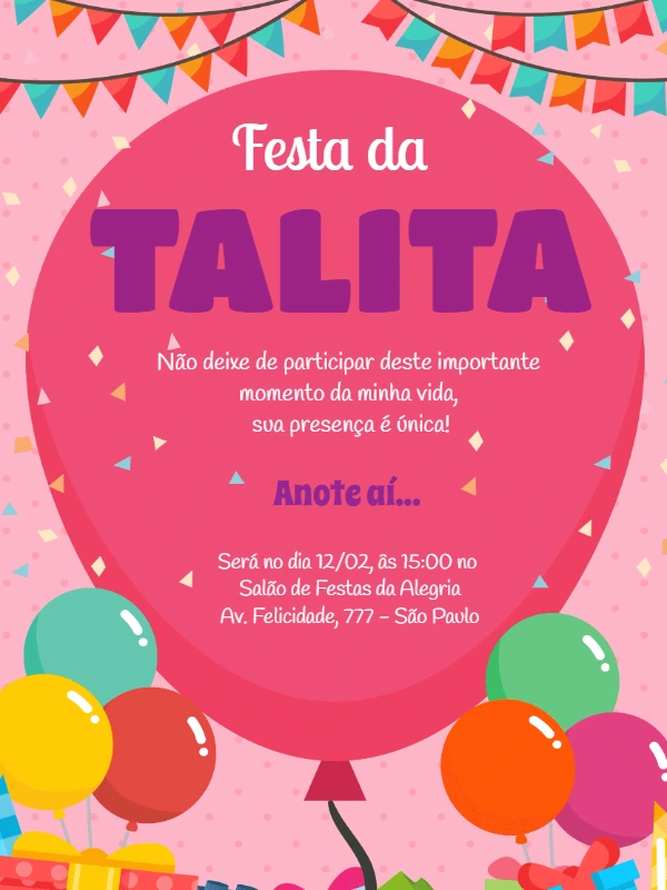 Convite Aniversário Infantil Rosa com Balões para Editar Online