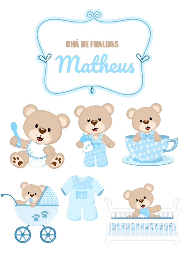 Topo de Bolo Chá de Fraldas Ursinho para Editar Online