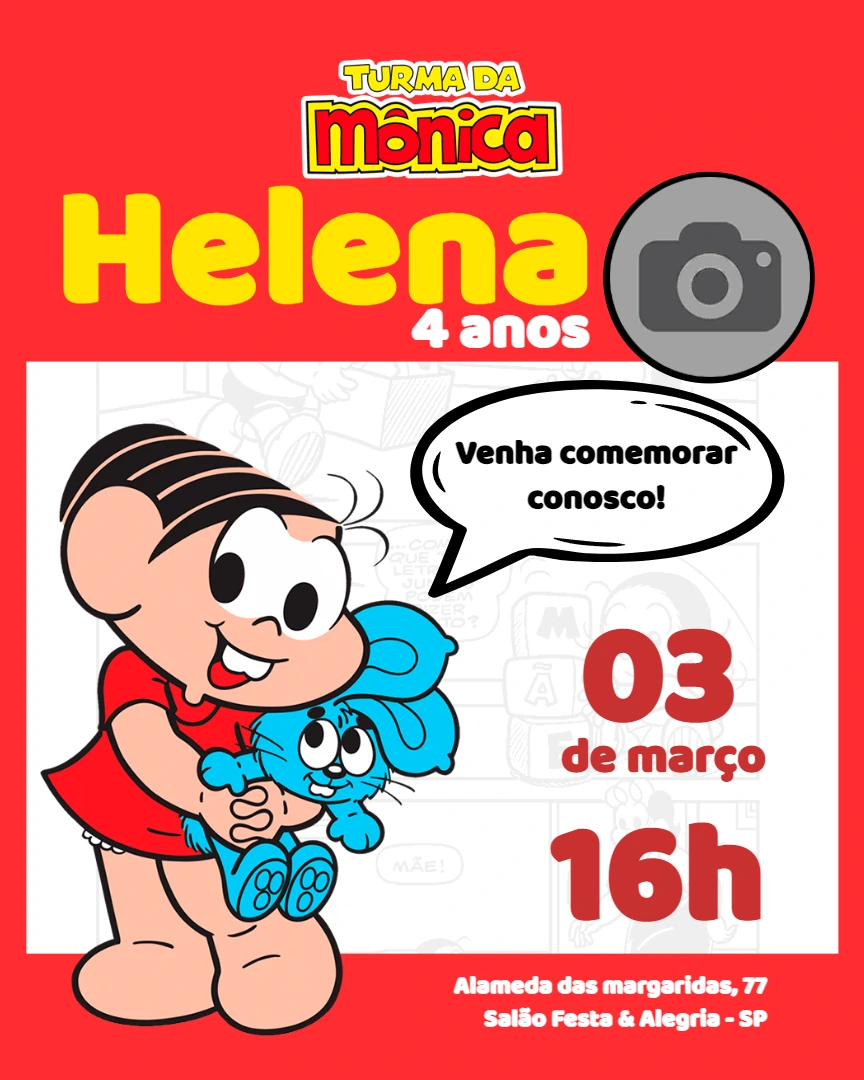 Convite de Aniversário Turma da Mônica com Foto para Editar