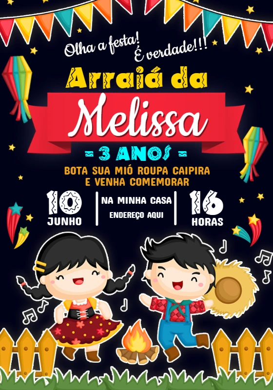 Convite Festa Junina Infantil com Personagens para Editar