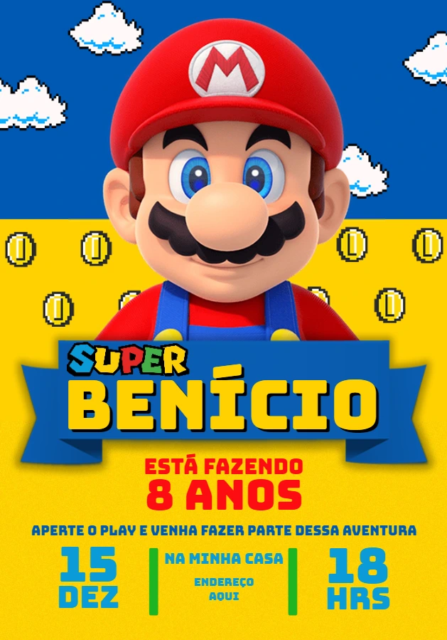Convite de Aniversário Super Mario Bros para Editar Online