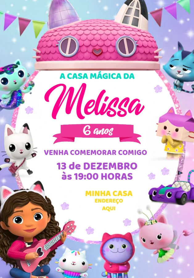 Convite de Aniversário A Casa Mágica da Gabby para Editar