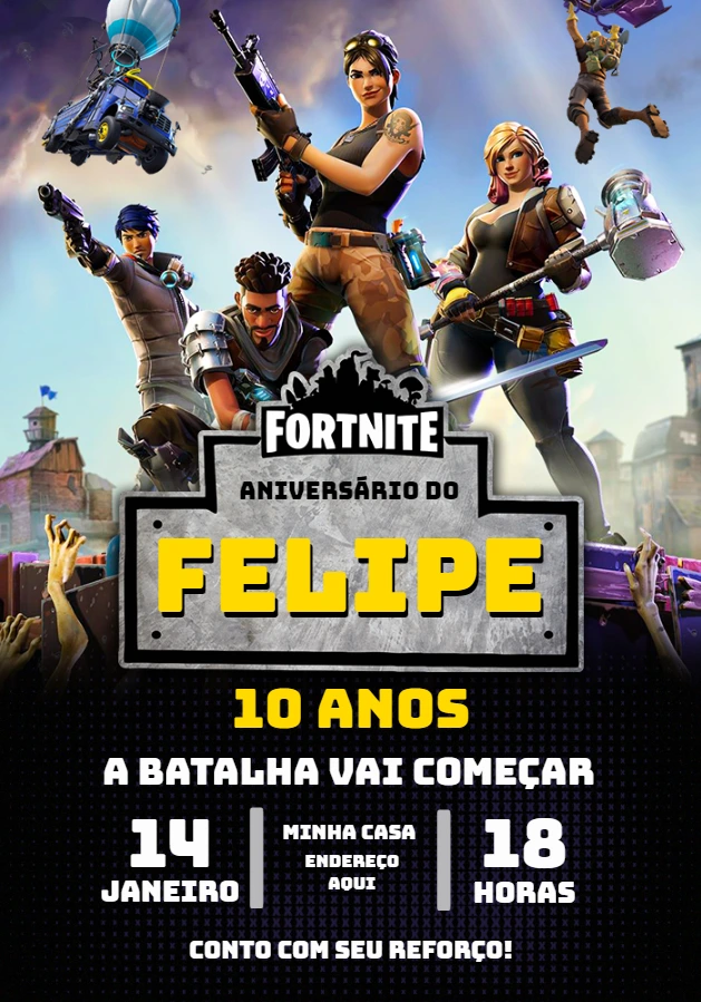 Convite Aniversário Fortnite com Personagens para Editar Online