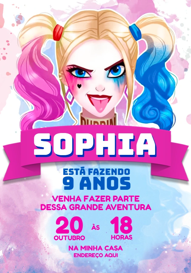 Convite de Aniversário Arlequina para Editar Online
