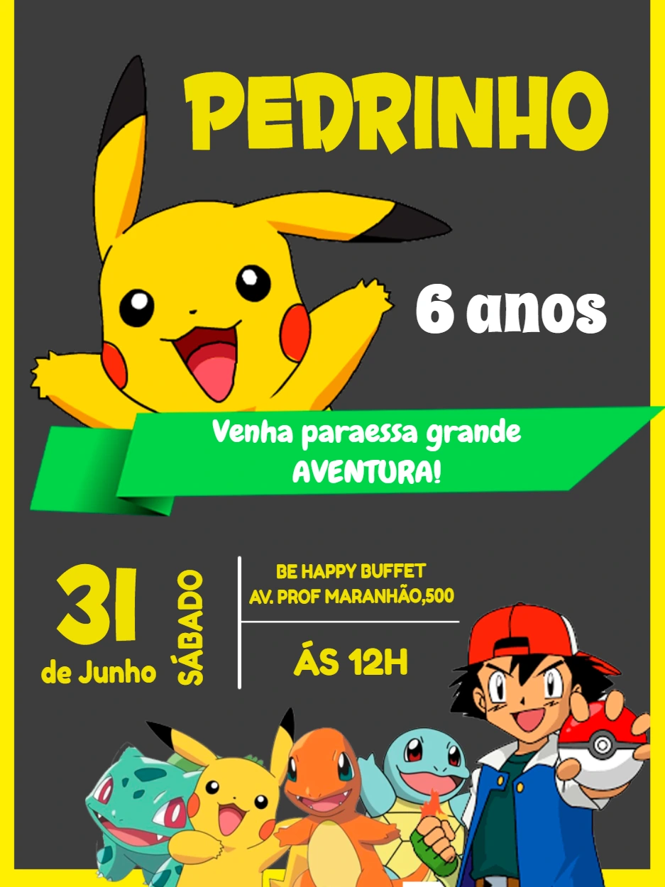 Convite de Aniversário Pokémon com Pikachu para Editar Online
