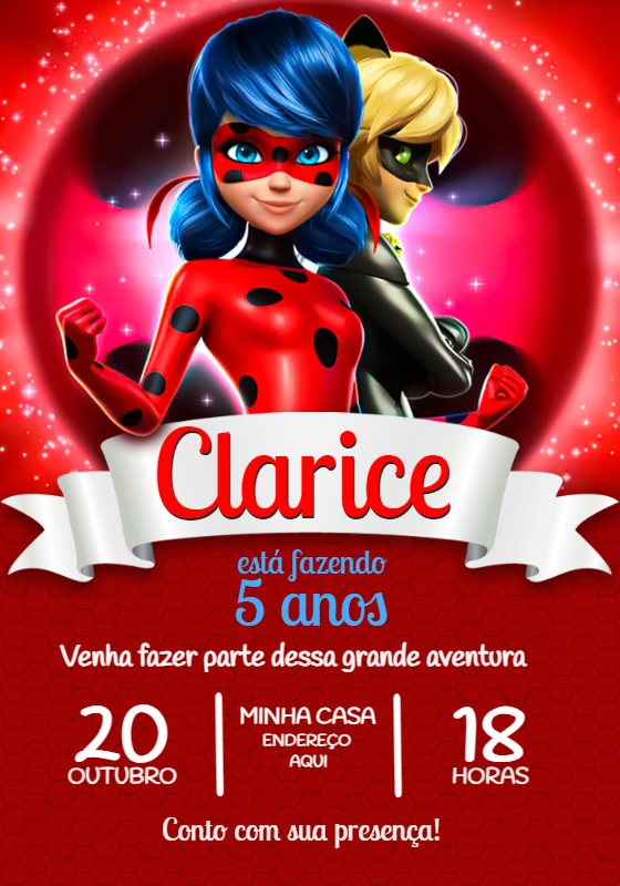 Convite de Aniversário Ladybug e Cat Noir para Editar Online