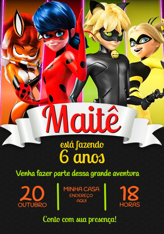 Convite Aniversário Ladybug e Cat Noir para Editar Online