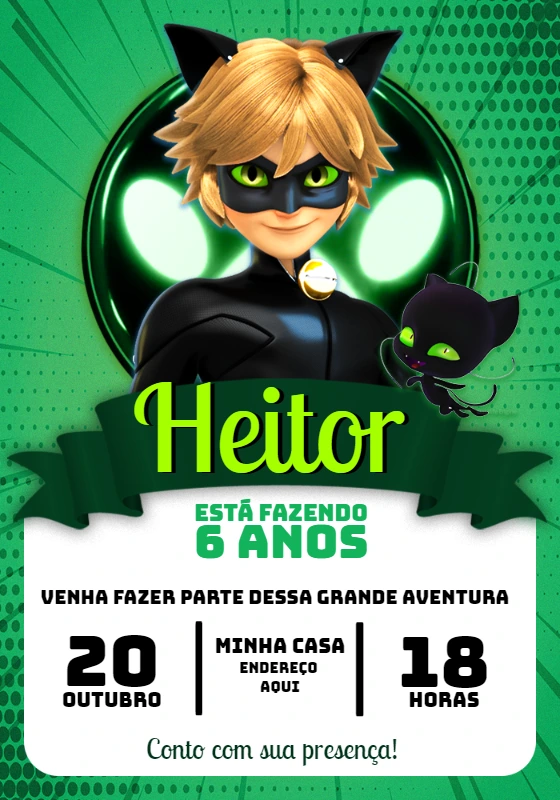Convite de Aniversário Cat Noir Editável Online para Imprimir