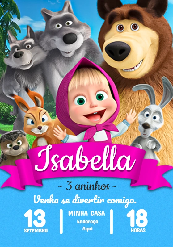 Convite de Aniversário Masha e o Urso para Editar Online