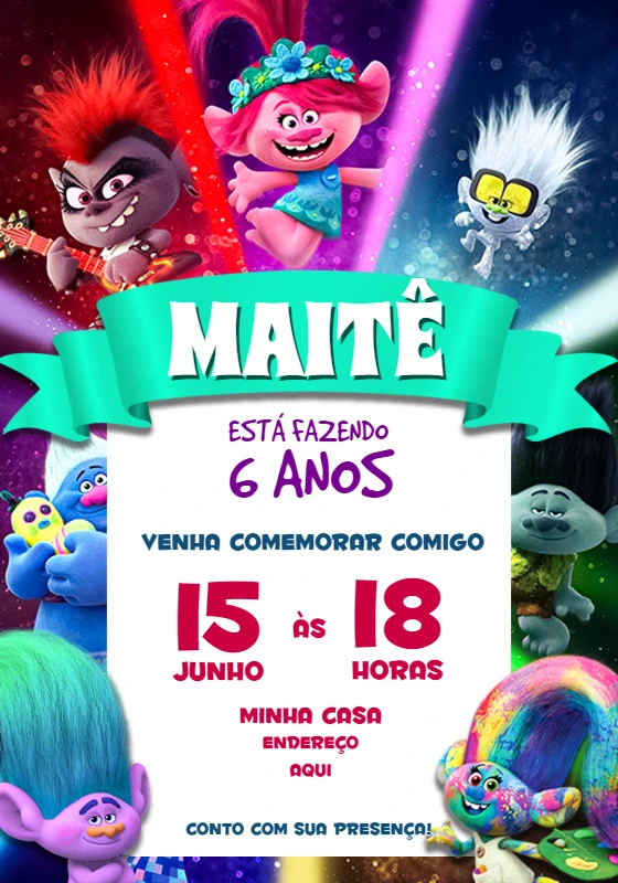 Convite Aniversário Trolls com Personagens para Editar Online