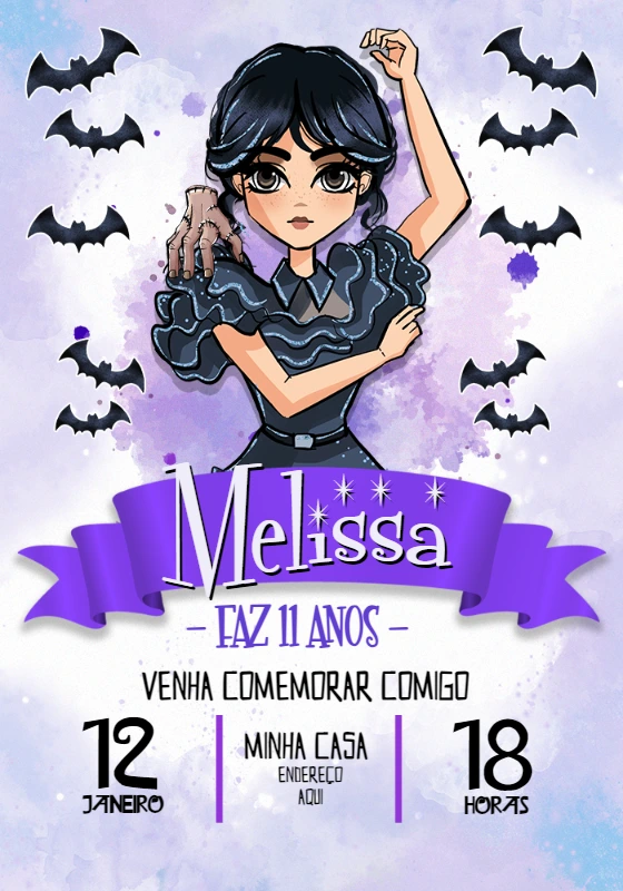 Convite de Aniversário Wandinha Addams para Editar Online