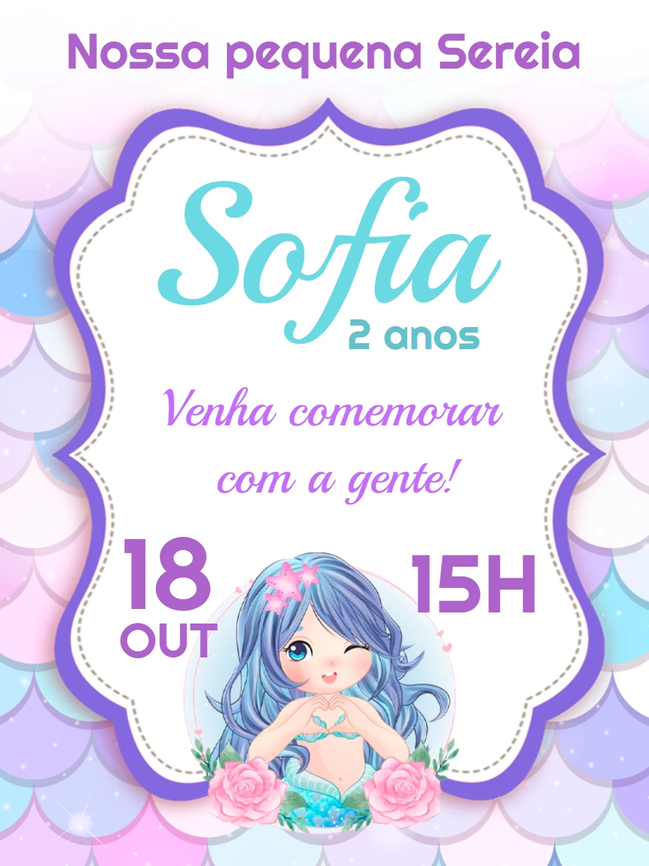 Convite de Aniversário Sereia para Editar Online