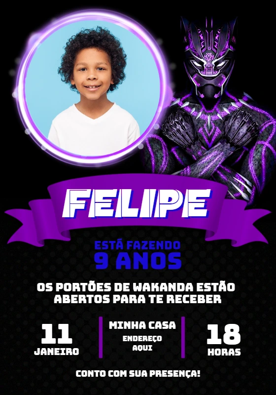 Convite Aniversário Pantera Negra com Foto para Editar Online