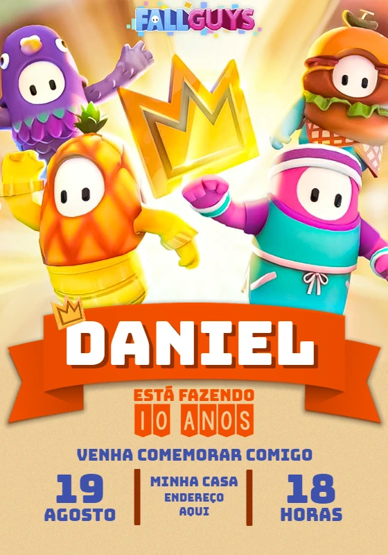 Convite de Aniversário Fall Guys com Personagens para Editar