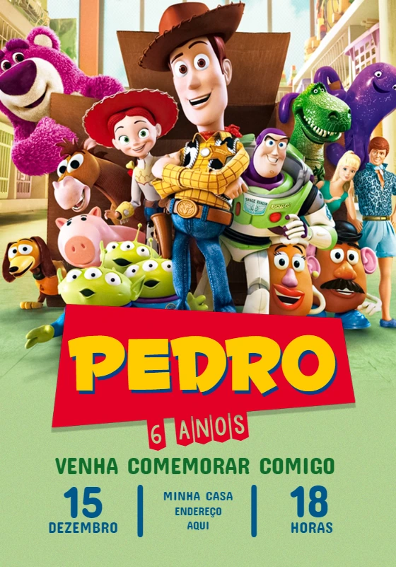 Convite Aniversário Toy Story com Personagens para Editar Online