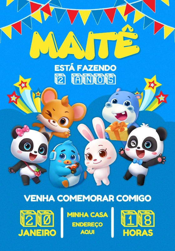 Convite de Aniversário Baby Bus com Personagens para Editar