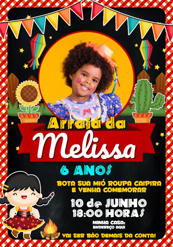 Convite Aniversário Festa Junina com Foto para Editar Online