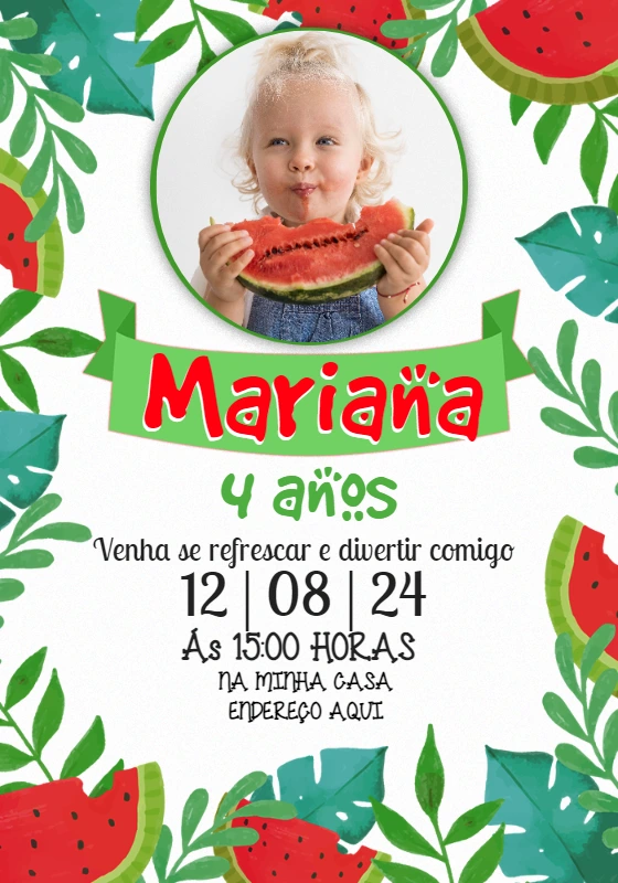Convite Aniversário Melancia com Foto para Editar Online