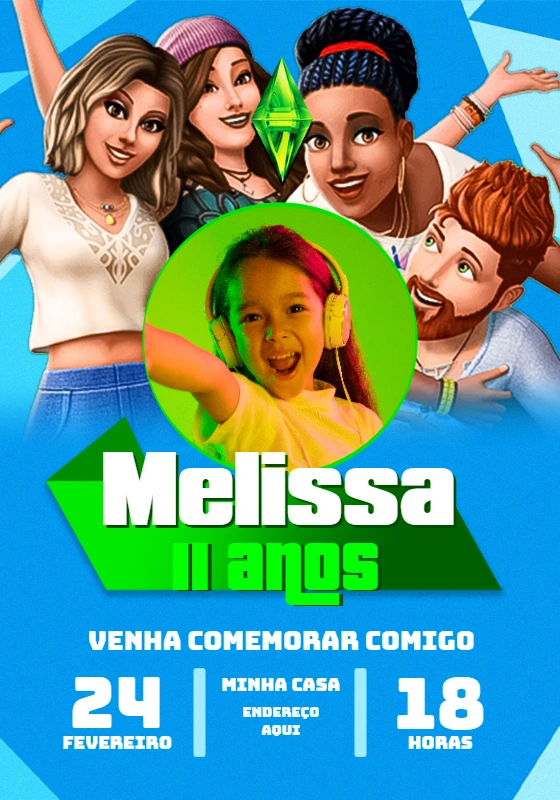 Convite de Aniversário The Sims com Foto para Editar Online