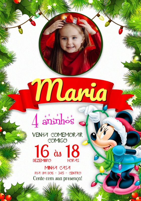 Convite Aniversário Minnie Natal com Foto Editável Online