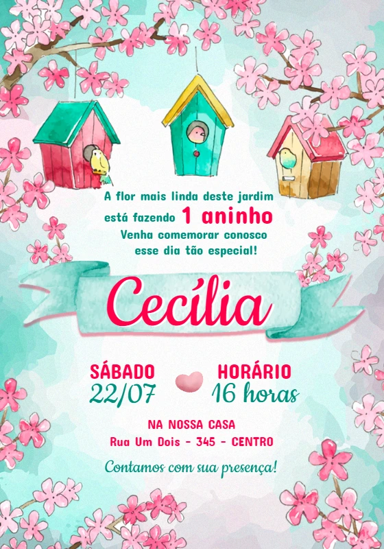 Convite de Aniversário Jardim dos Passarinhos para Editar Online