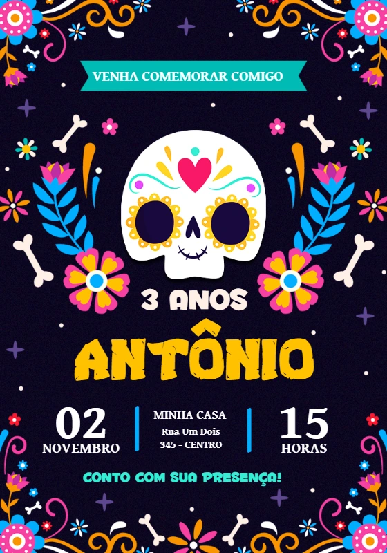 Convite Aniversário Caveira Mexicana Baby para Editar Online